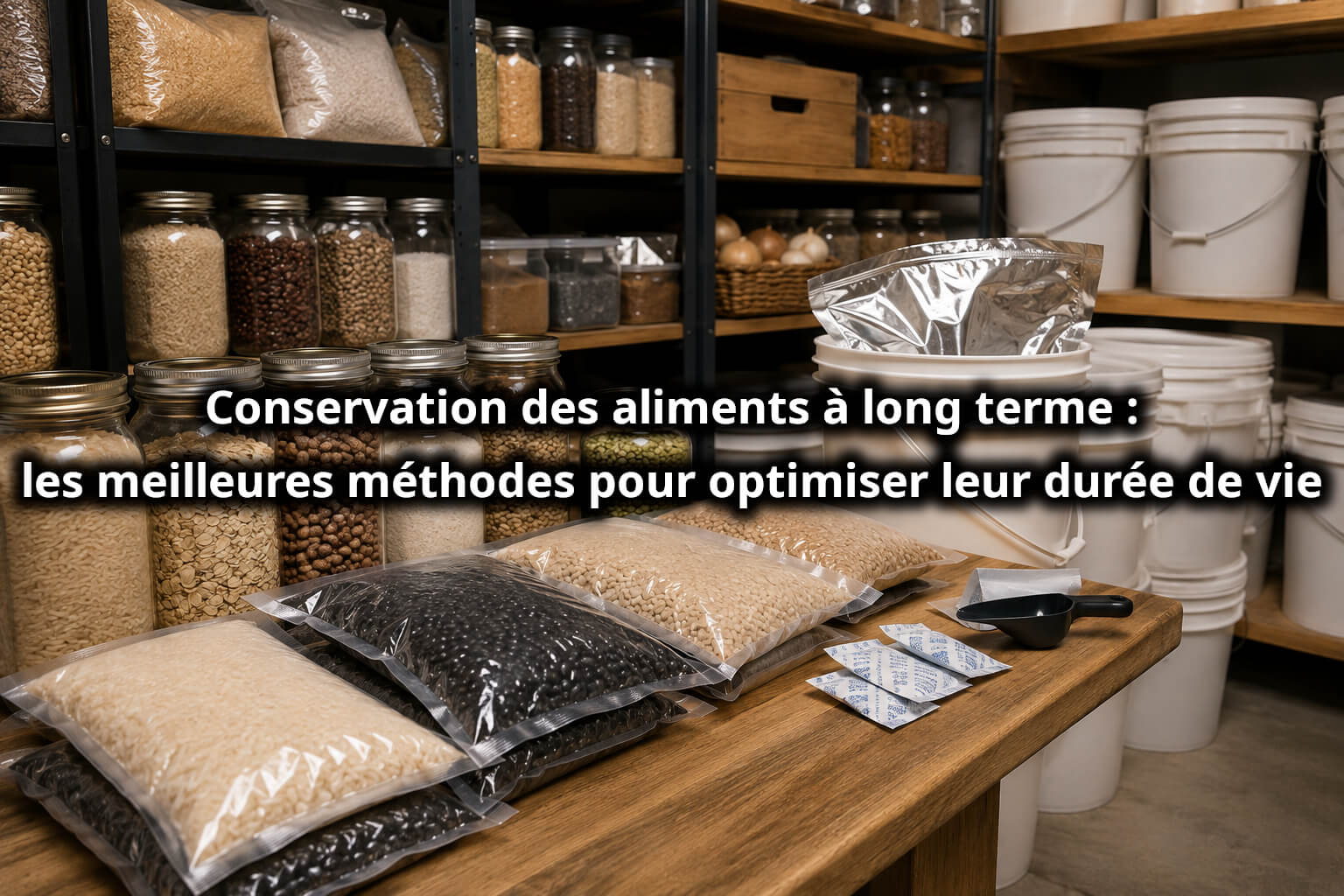 Long-term food storage supplies including grains, rice, beans, mylar bags, oxygen absorbers, mason jars and food-grade buckets