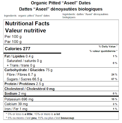 Organic Pitted "Aseel" Dates Nutritional Facts