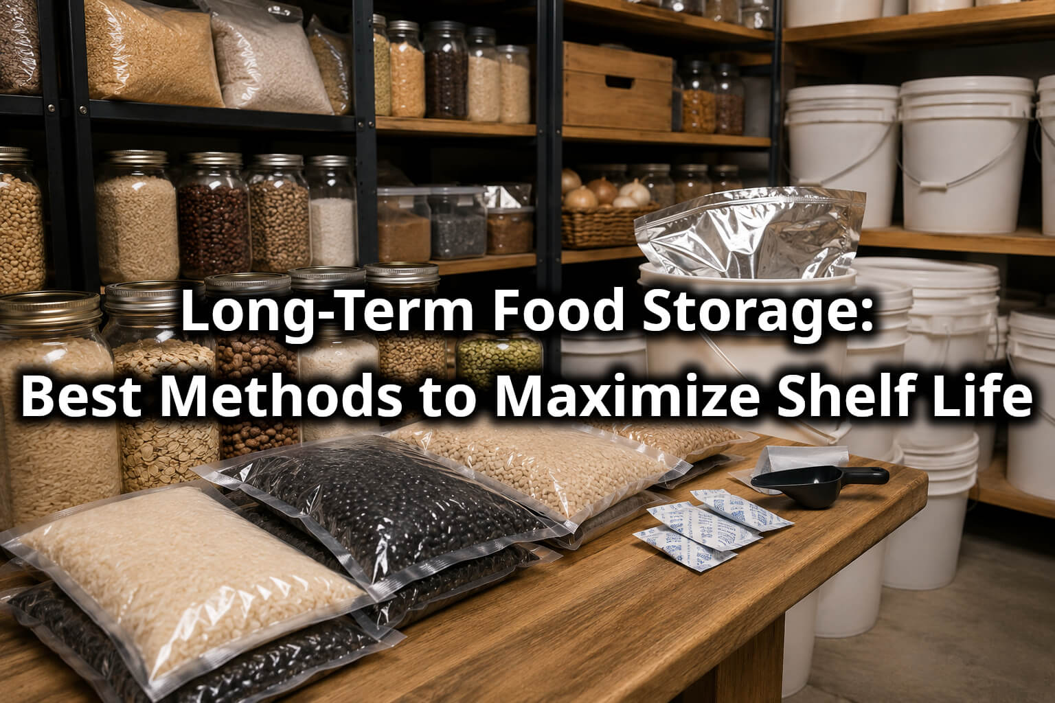 Long-term food storage supplies including grains, rice, beans, mylar bags, oxygen absorbers, mason jars and food-grade buckets