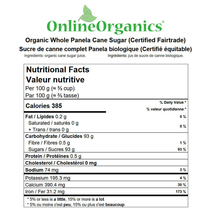 Organic Whole Panela Cane Sugar (Certified Fairtrade) Nutritional Facts