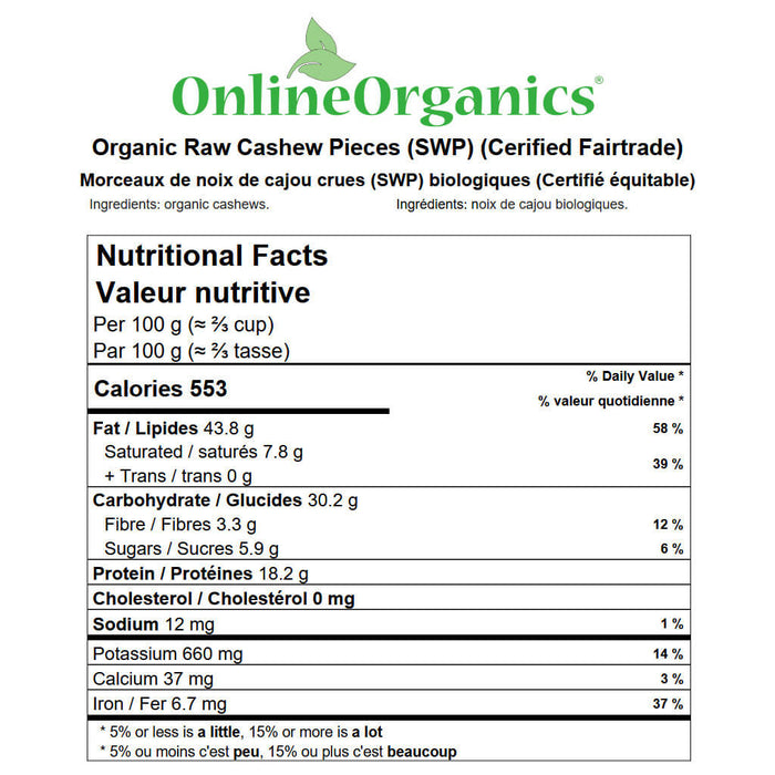 Organic Raw Cashew Pieces (SWP) (Certified Fairtrade) Nutritional Facts