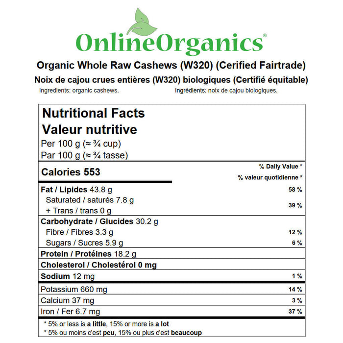 Organic Whole Raw Cashews (W320) (Certified Fairtrade) Nutritional Facts