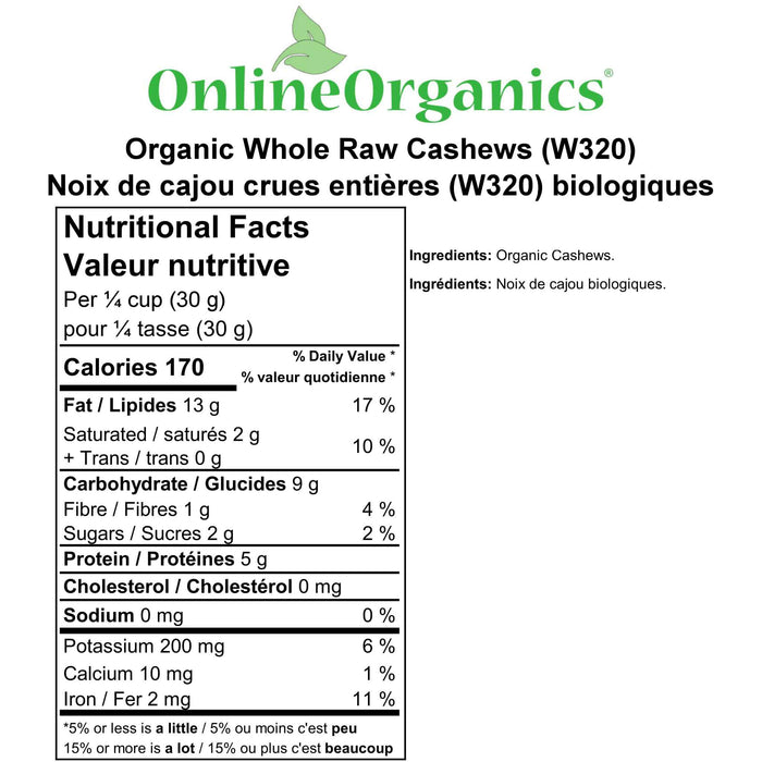 Organic Whole Raw Cashews (W320) (Certified Fairtrade) Nutritional Facts