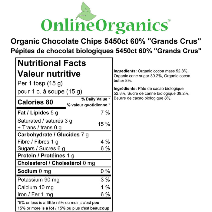 Organic Chocolate Chips 5450ct 60% "Grands Crus" (Certified Fairtrade) Nutritional Facts