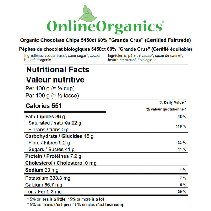 Organic Chocolate Chips 5450ct 60% "Grands Crus" (Certified Fairtrade) Nutritional Facts