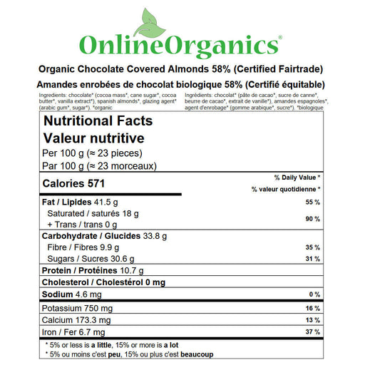 Organic Chocolate Covered Almonds 58% (Certified Fairtrade) Nutritional Facts
