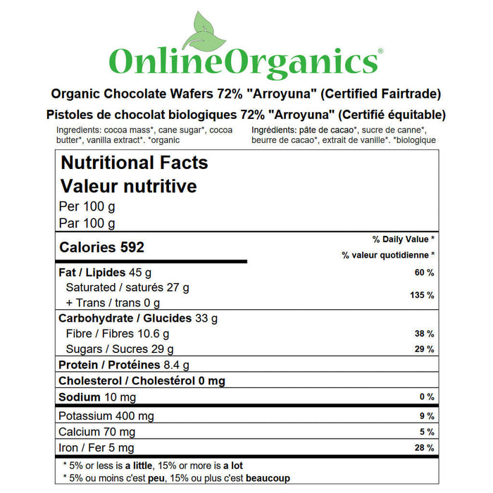 Organic Chocolate Wafers 72% "Arroyuna" (Certified Fairtrade) Nutritional Facts