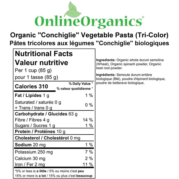 Organic "Conchiglie" Vegetable Pasta (Tri-Color) Nutritional Facts