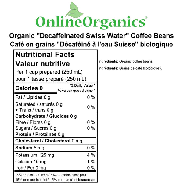 Organic "Decaffeinated Swiss Water" Coffee Beans (Certified Fairtrade) Nutritional Facts