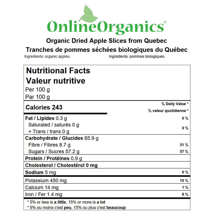 Organic Dried Apple Slices from Quebec Nutritional Facts