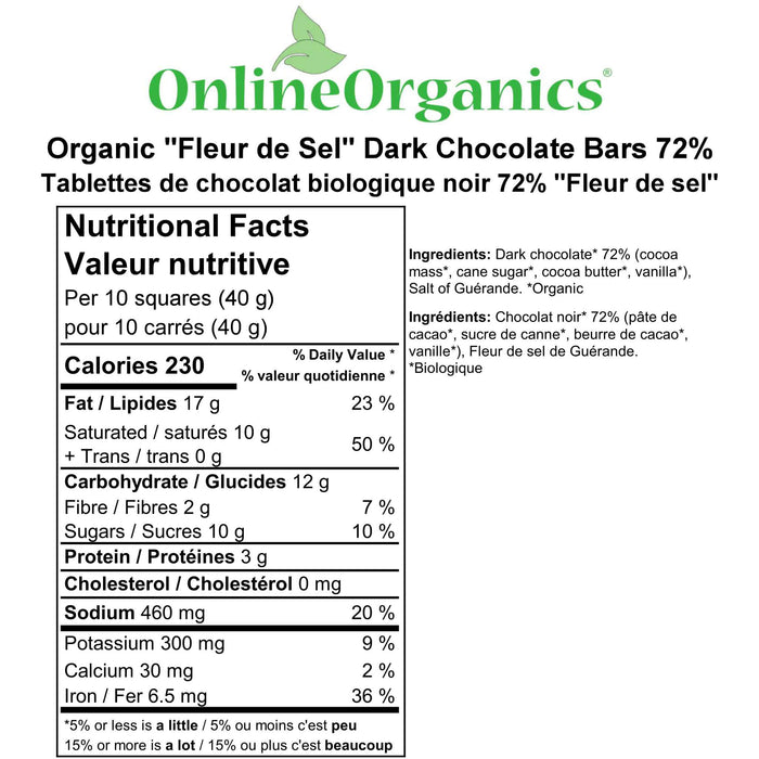 Organic Flower Salt Dark Chocolate Bars 72% (Certified Fairtrade) Nutritional Facts