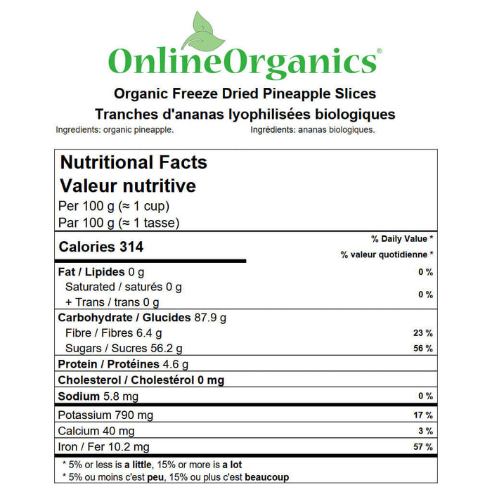 Organic Freeze Dried Pineapple Slices Nutritional Facts