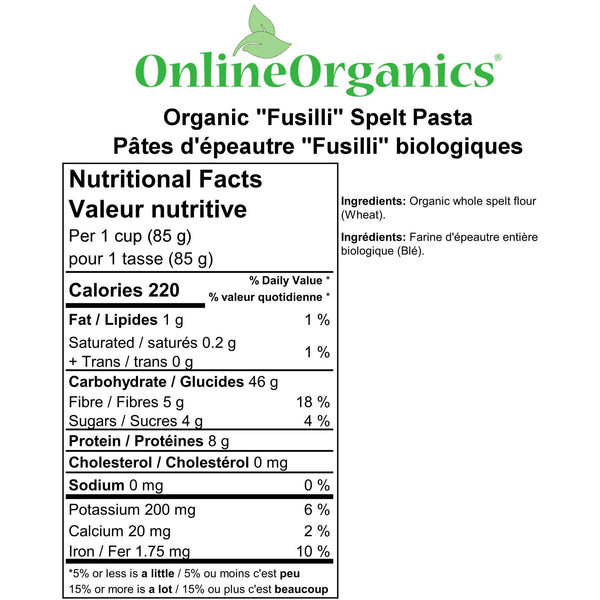 Organic "Fusilli" Spelt Pasta Nutritional Facts