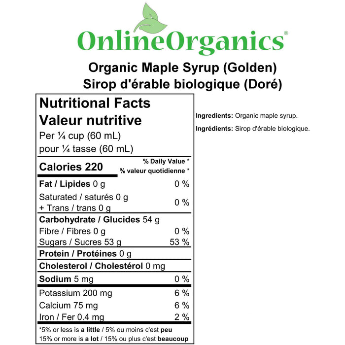 Organic Maple Syrup (Golden) from Quebec Nutritional Facts