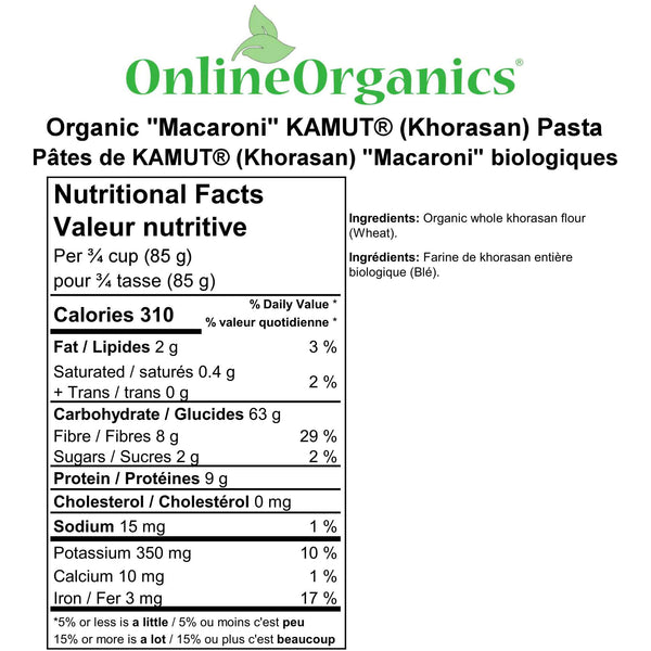 Organic "Macaroni" KAMUT (Khorasan) Pasta Nutritional Facts