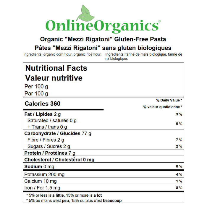 Organic "Mezzi Rigatoni" Gluten-Free Pasta Nutritional Facts