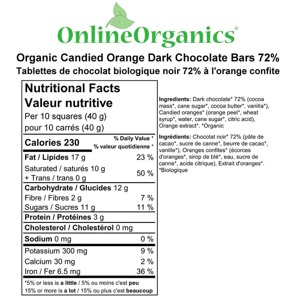 Organic Candied Orange Dark Chocolate Bars 72% (Certified Fairtrade) Nutritional Facts