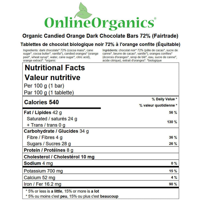 Organic Candied Orange Dark Chocolate Bars 72% (Certified Fairtrade) Nutritional Facts