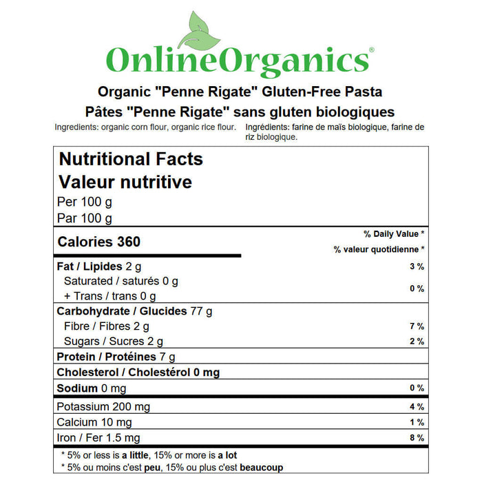 Organic "Pene Rigate" Gluten-Free Pasta Nutritional Facts