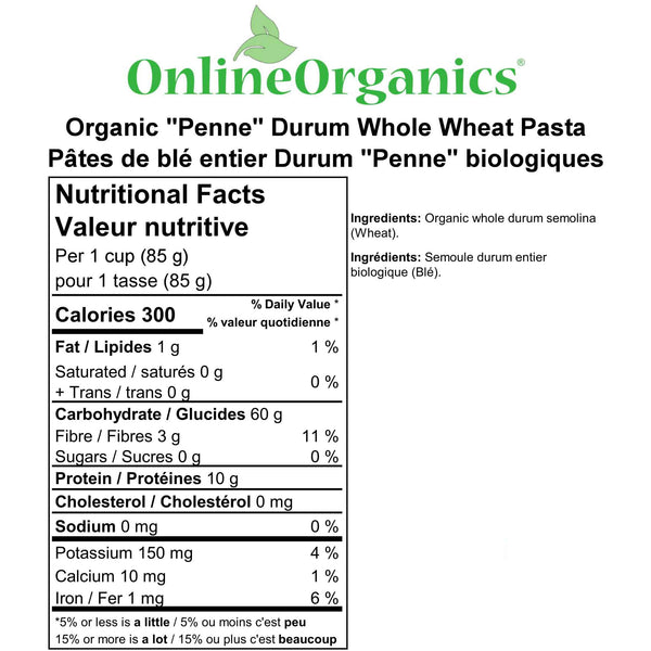 Organic "Penne" Durum Whole Wheat Pasta Nutritional Facts