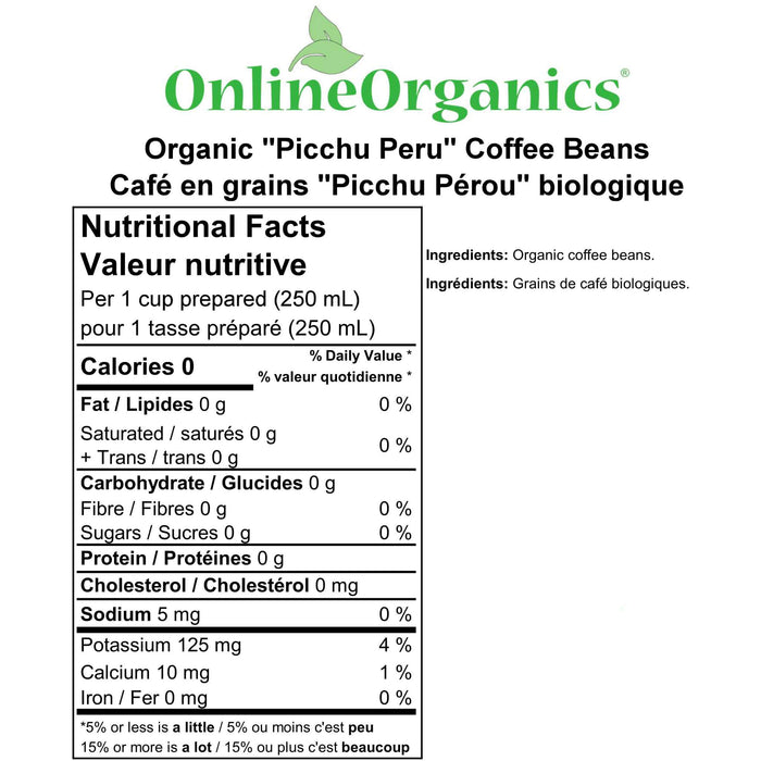 Organic "Picchi Peru" Coffee Beans (Certified Fairtrade) Nutritional Facts
