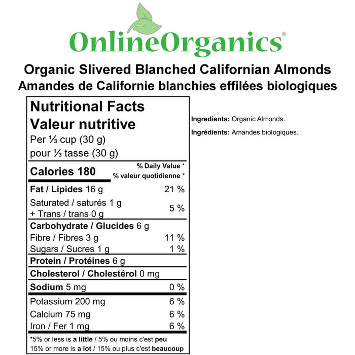 Organic Slivered Blanched Californian Almonds Nutritional Facts