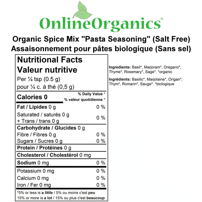 Organic Spice Mix "Pasta Seasoning" (Salt Free) Nutritional Facts