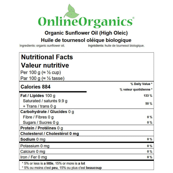 Organic Sunflower Oil (High Oleic) from Quebec Nutritional Facts