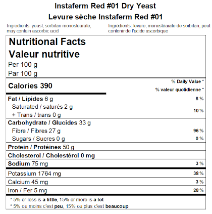 Non-Organic Instaferm Red #01 Dry Yeast Nutritional Facts