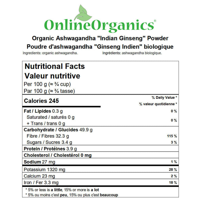 Organic Ashwagandha "Indian Ginseng" Powder Nutritional Facts