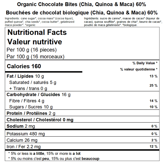 Organic Chocolate Bites (Chia, Quinoa & Maca) Nutritional Facts