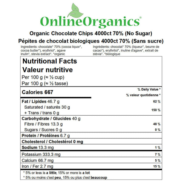 Organic Chocolate Chips 4000ct 70% (No Sugar) Nutritional Facts
