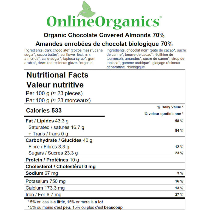 Organic Chocolate Covered Almonds 70% Nutritional Facts