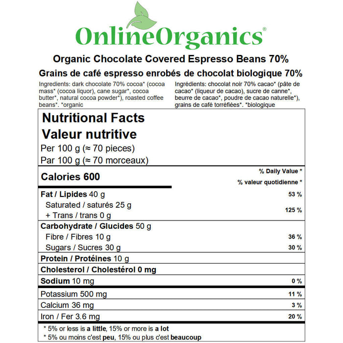 Organic Chocolate Covered Espresso Beans 70% Nutritional Facts