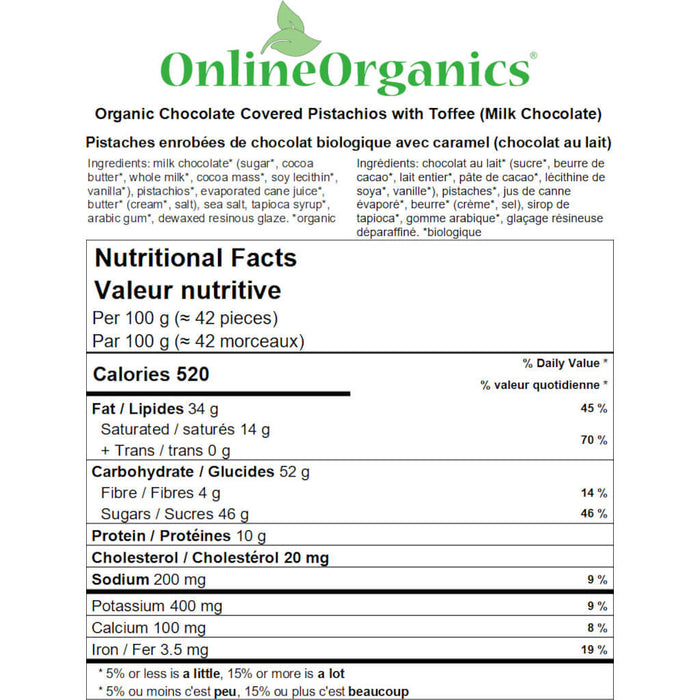 Organic Chocolate Covered Pistachios with Toffee (Milk Chocolate) Nutritional Facts