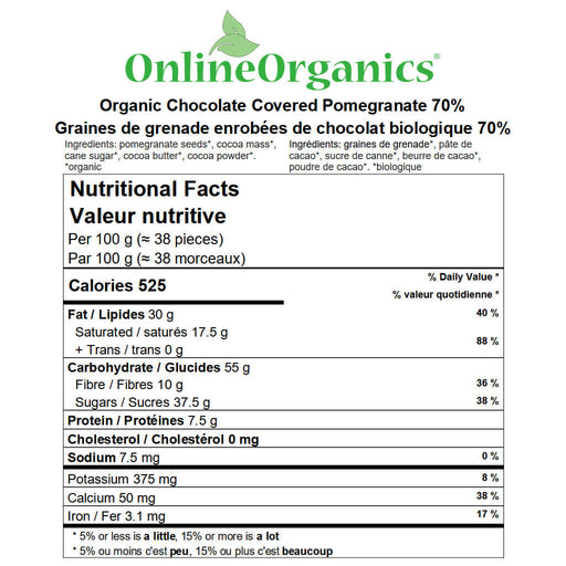Organic Chocolate Covered Pomegranate 70% Nutritional Facts