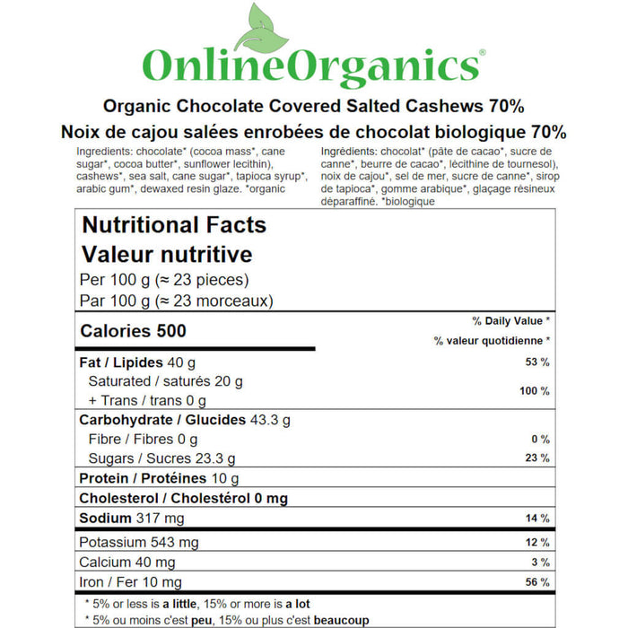Organic Chocolate Covered Salted Cashews 70% Nutritional Facts