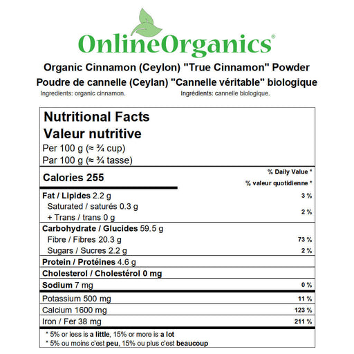 Organic Cinnamon (Ceylon) “True Cinnamon” Powder Nutritional Facts
