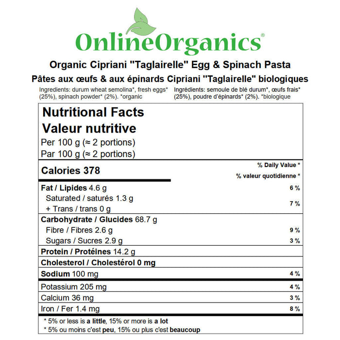 Organic Cipriani ''Taglairelle'' Egg & Spinach Pasta Nutritional Facts
