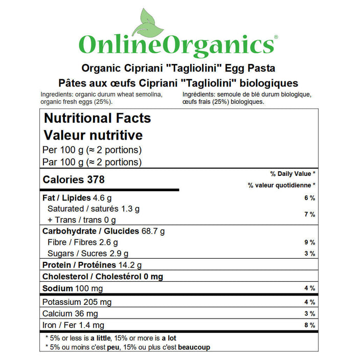 Organic Cipriani ''Tagliolini'' Egg Pasta Nutritional Facts