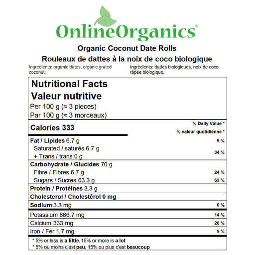 Organic Coconut Date Rolls Nutritional Facts