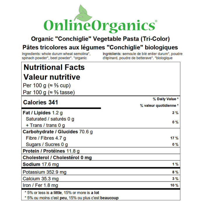 Organic "Conchiglie" Vegetable Pasta (Tri-Color) Nutritional Facts