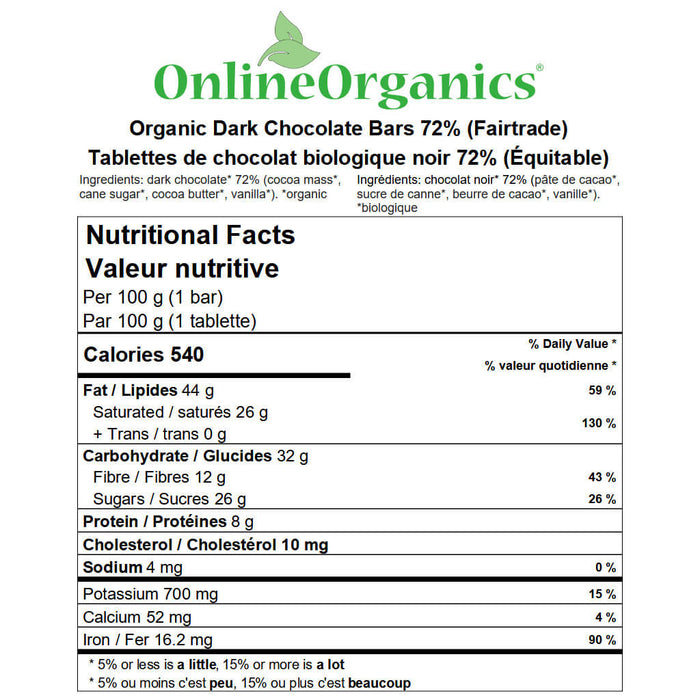 Organic Dark Chocolate Bars 72% (Certified Fairtrade) Nutritional Facts