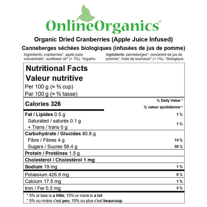 Organic Dried Cranberries (Apple Juice Infused) Nutritional Facts
