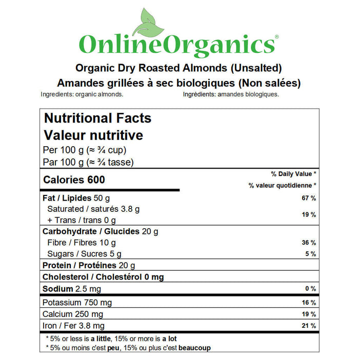 Organic Dry Roasted Almonds (Unsalted) Nutritional Facts