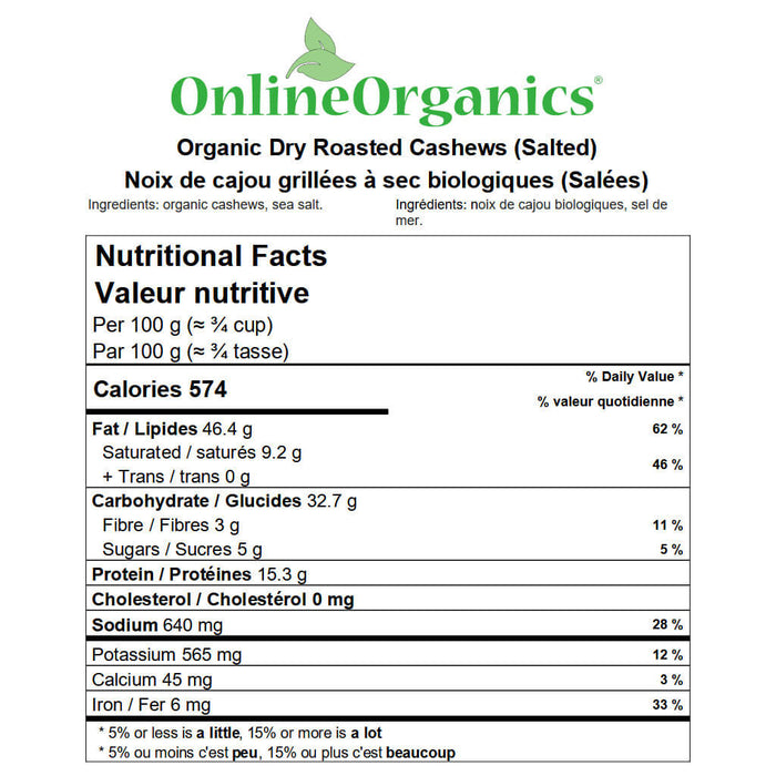 Organic Dry Roasted Cashews (Salted) Nutritional Facts
