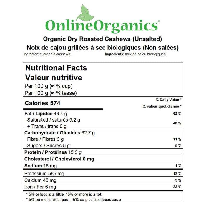 Organic Dry Roasted Cashews (Unsalted) Nutritional Facts