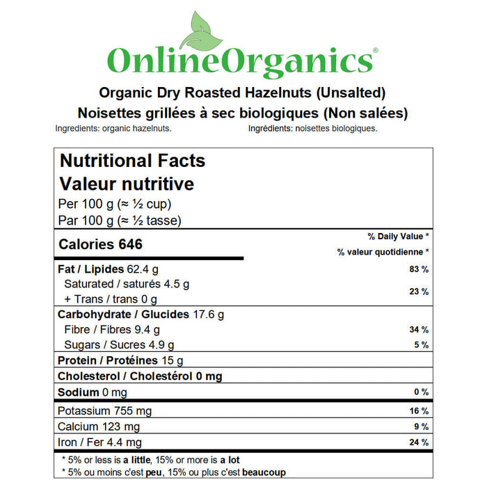 Organic Dry Roasted Hazelnuts (Unsalted) Nutritional Facts