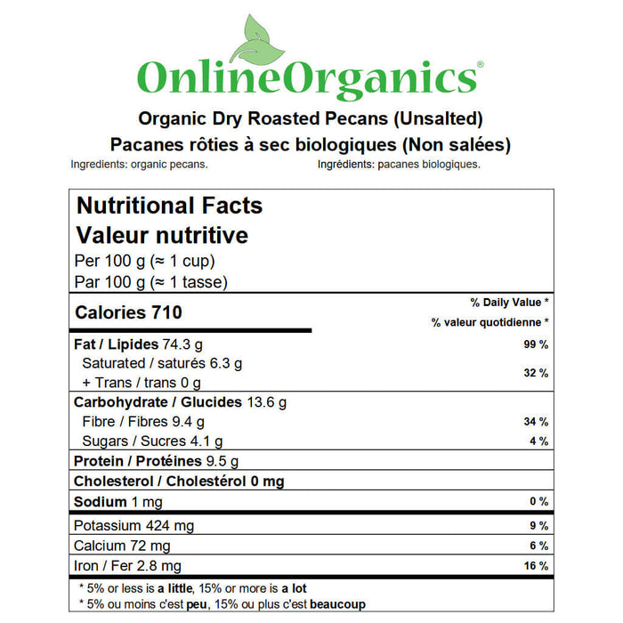 Organic Dry Roasted Pecans (Unsalted) Nutritional Facts