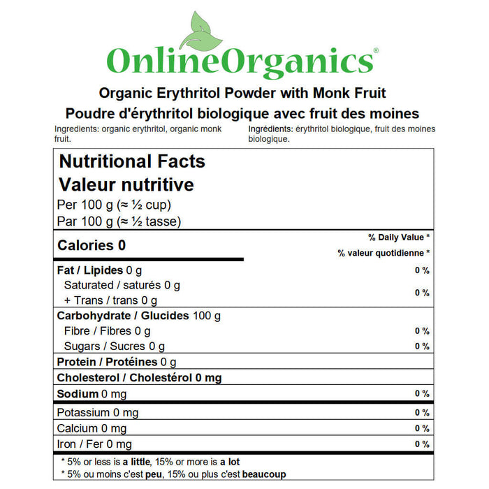 Organic Erythritol Powder with Monk Fruit (Natural Sweetener) Nutritional Facts